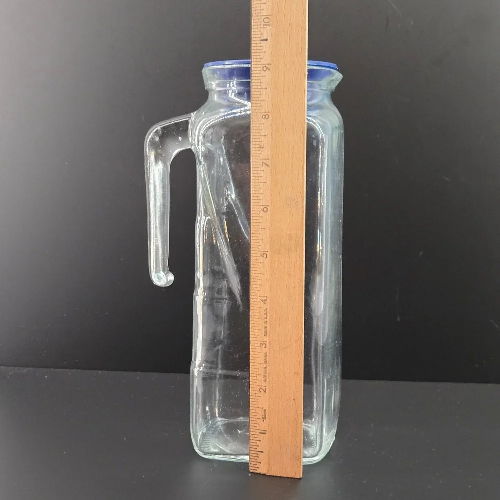 Frigorello Glass Pitcher Carafe with Blue Lid 1 Liter Made in Italy Clear Square